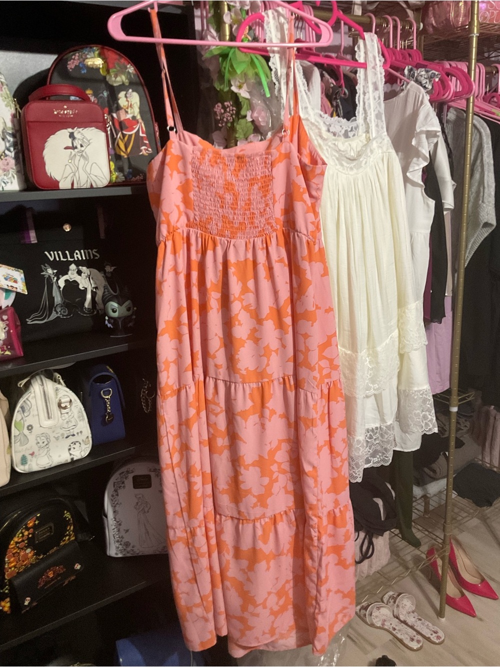 Sanctuary Pink and Orange Floral Dress with Smocked Neckline